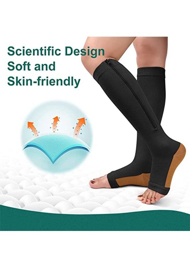 Ant 1 Pairs Copper Zipper Sport Compression Socks Knee High Open Toe, Comfort&Fatigue Relief for Women&Men, Calf Elastic Socks for Running Fitness Climb mountains Black(L/XL)  - Image 4
