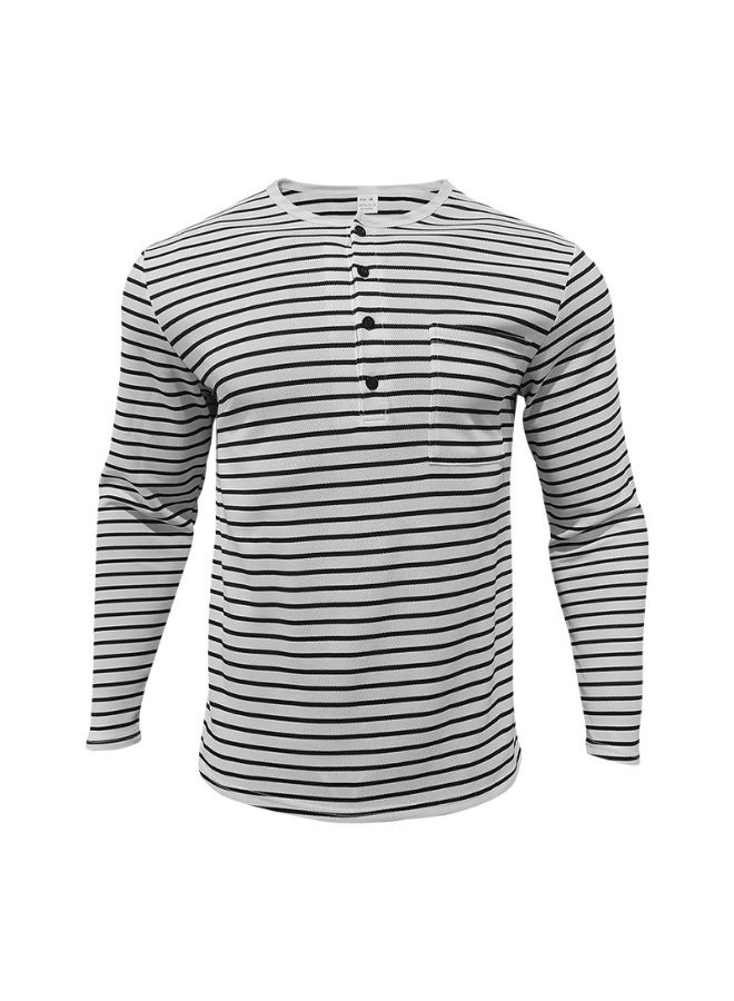 Men's Versatile Bottom Long Sleeve Casual Horizontal Striped Henry T-Shirt - Image 2