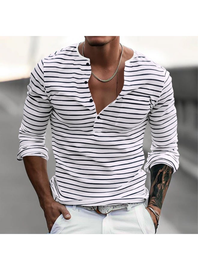 Men's Versatile Bottom Long Sleeve Casual Horizontal Striped Henry T-Shirt - Image 1