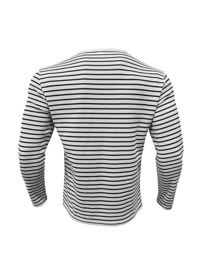 Men's Versatile Bottom Long Sleeve Casual Horizontal Striped Henry T-Shirt - Image 3
