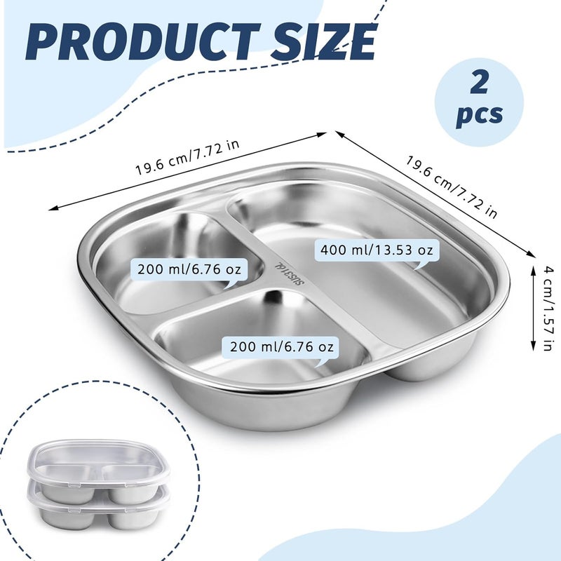 BangBoom 2 PCS 316 Stainless Steel 3 Compartments Plates with Lids Metal Divided Plates Tray Sectioned Plates Dishes Dinnerware Set for Food Portion Control Lunch Dinner Adult Home School 2 - Image 2