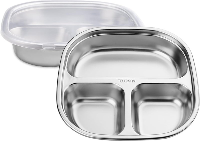 BangBoom 2 PCS 316 Stainless Steel 3 Compartments Plates with Lids Metal Divided Plates Tray Sectioned Plates Dishes Dinnerware Set for Food Portion Control Lunch Dinner Adult Home School 2 - Image 1