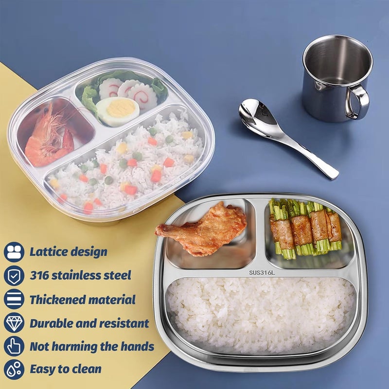BangBoom 2 PCS 316 Stainless Steel 3 Compartments Plates with Lids Metal Divided Plates Tray Sectioned Plates Dishes Dinnerware Set for Food Portion Control Lunch Dinner Adult Home School 2 - Image 5