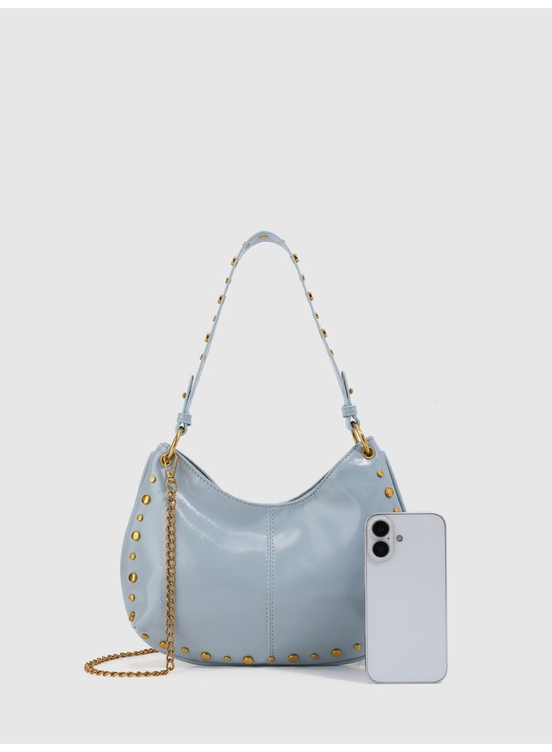 Women's Street Punk Studded Adjustable Shoulder Crossbody Saddle Bag, Fashion Handbag with Chain Strap - Image 3