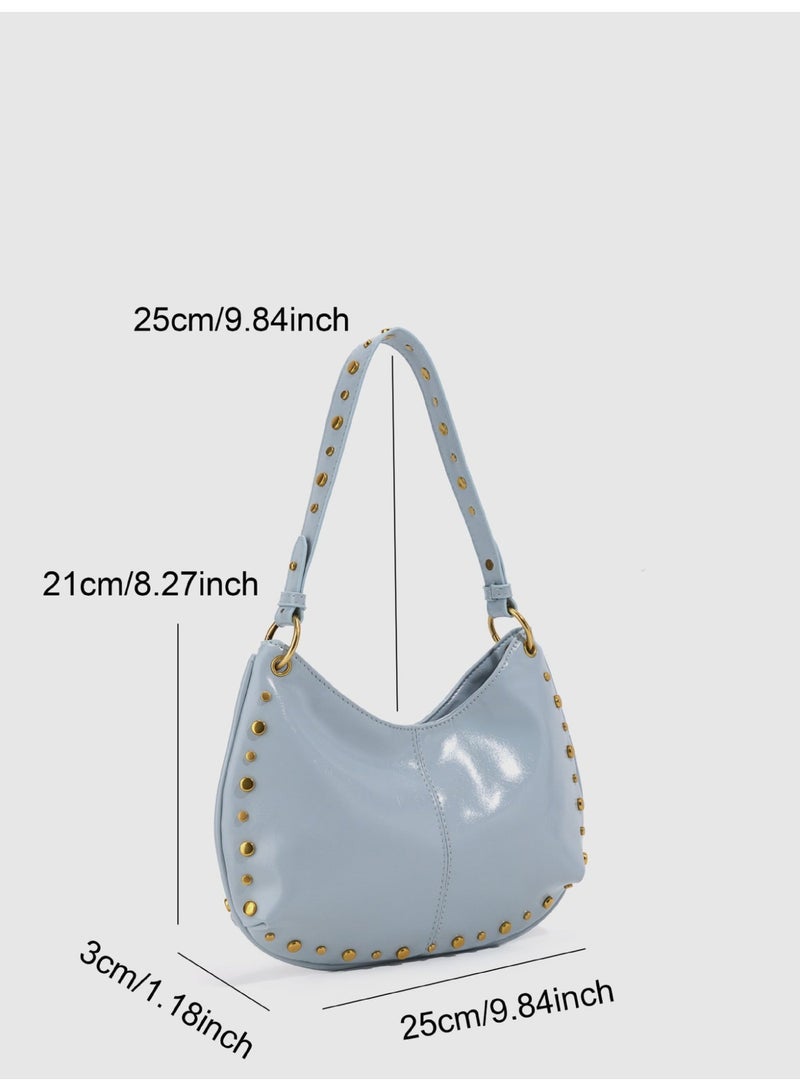 Women's Street Punk Studded Adjustable Shoulder Crossbody Saddle Bag, Fashion Handbag with Chain Strap - Image 2