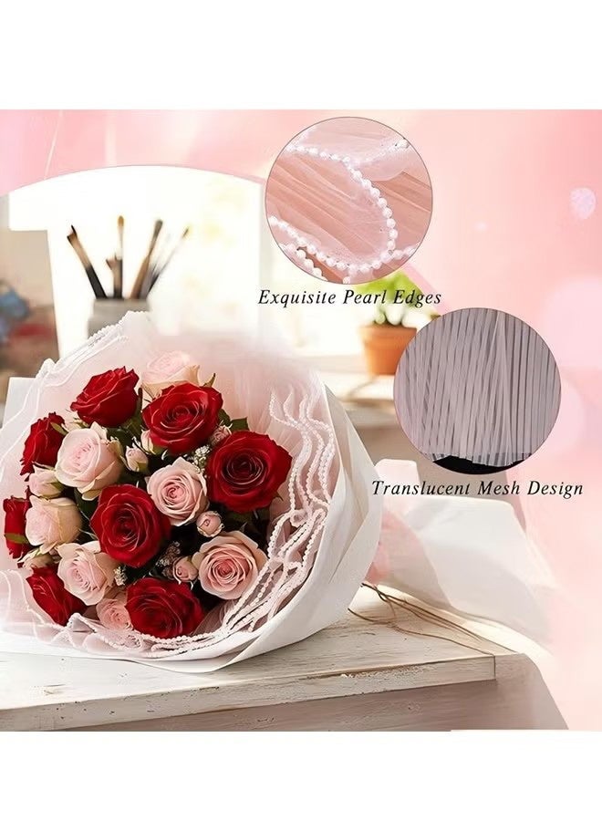YJ 4-yard 28cm pink bouquet wrapping mesh paper with pearl-edged wrinkled wavy mesh, suitable for DIY crafts, Valentine's Day, Mother's Day, weddings, and florist supplies - Image 2