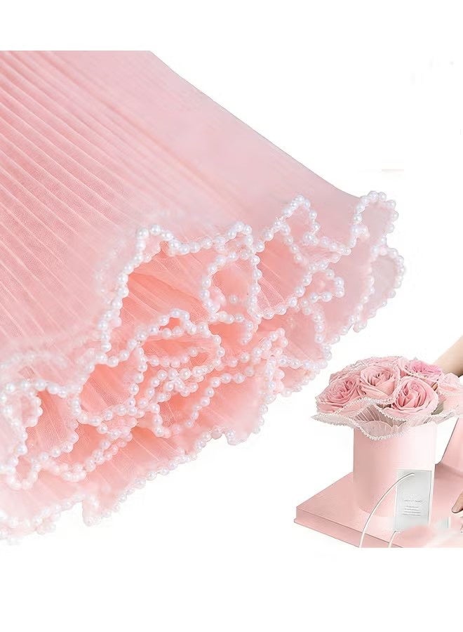 YJ 4-yard 28cm pink bouquet wrapping mesh paper with pearl-edged wrinkled wavy mesh, suitable for DIY crafts, Valentine's Day, Mother's Day, weddings, and florist supplies - Image 1