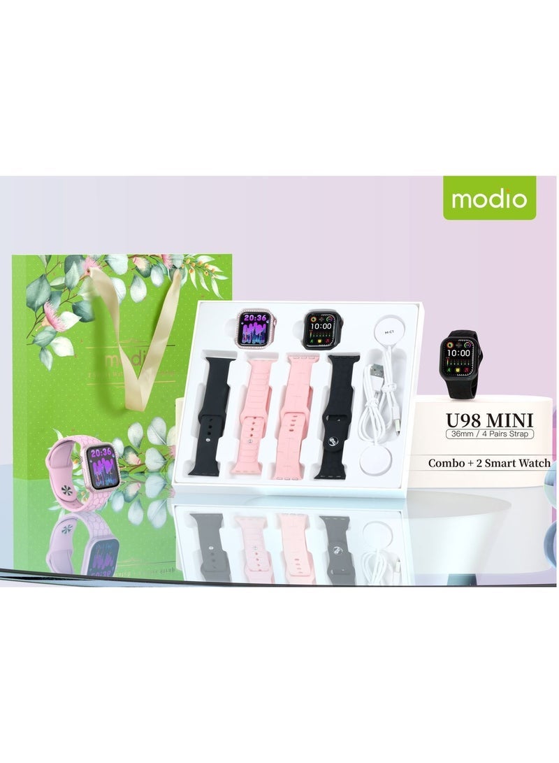 Modio U98 MINI 36mm 2 Smartwatch Combo for Ladies and Girls – Includes 4 Pairs of Stylish Straps, Wireless Charger, HD Touchscreen, Heart Rate Monitor, Sleep Tracking, Fitness Features, Lightweight Design, Perfect Gift for Women and Teens - Image 1