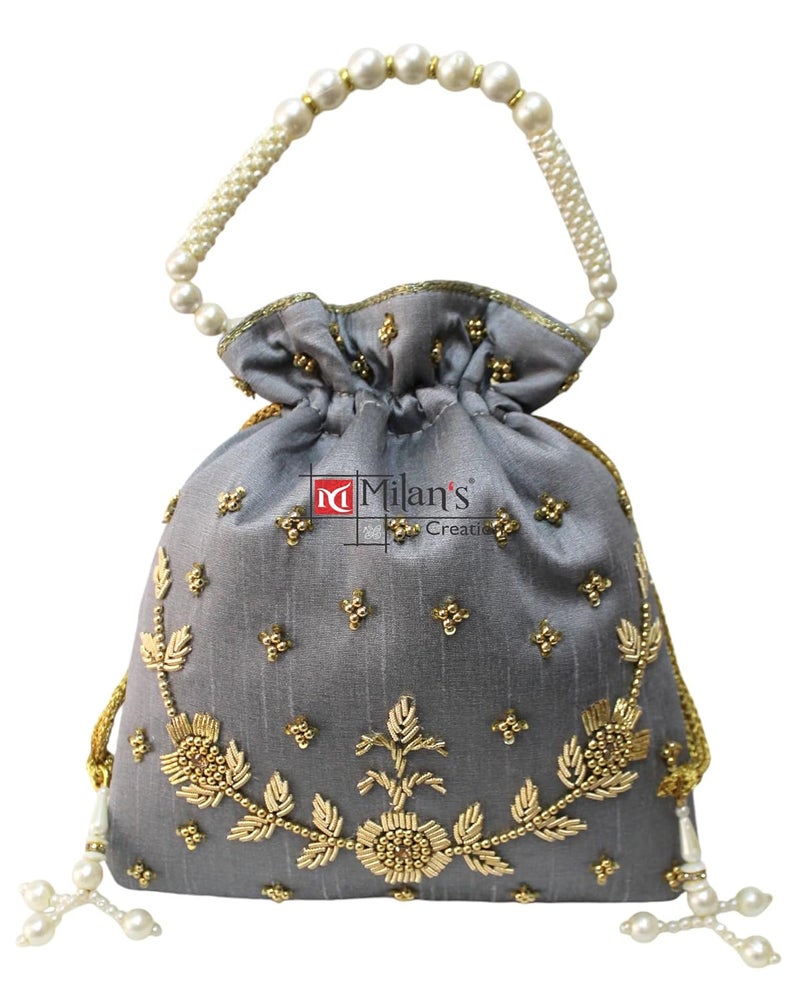 MILAN'S CREATION : Pearl & Zardosi Potli Bag Hand Embroidery Drawstring Potli Women's Handbag Purse With Pearl Handle & Tassel Purse - Image 1