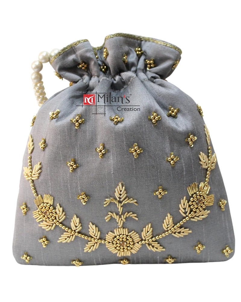 MILAN'S CREATION : Pearl & Zardosi Potli Bag Hand Embroidery Drawstring Potli Women's Handbag Purse With Pearl Handle & Tassel Purse - Image 4