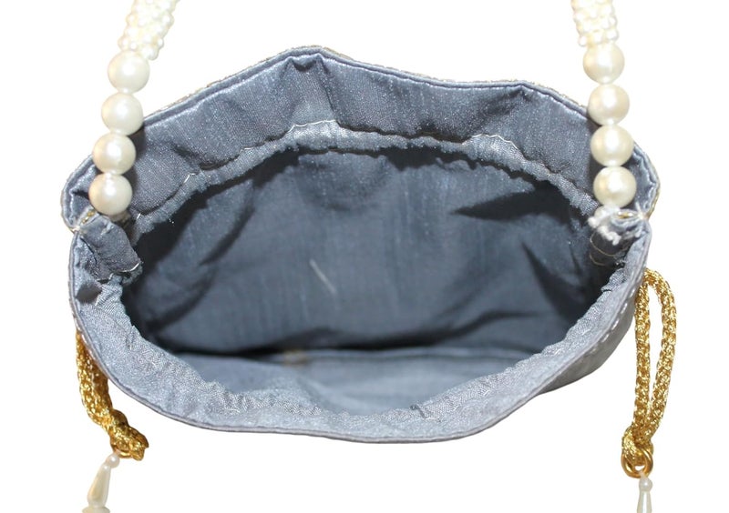 MILAN'S CREATION : Pearl & Zardosi Potli Bag Hand Embroidery Drawstring Potli Women's Handbag Purse With Pearl Handle & Tassel Purse - Image 5