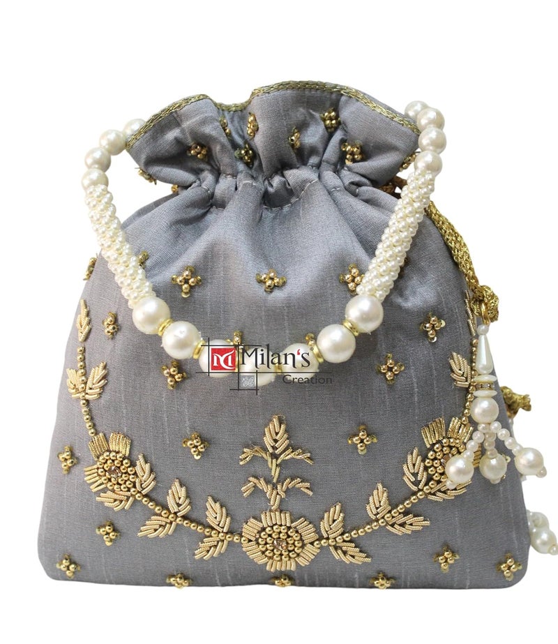 MILAN'S CREATION : Pearl & Zardosi Potli Bag Hand Embroidery Drawstring Potli Women's Handbag Purse With Pearl Handle & Tassel Purse - Image 2