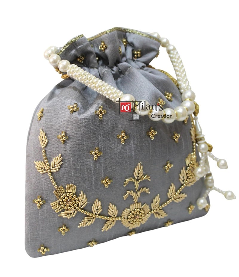 MILAN'S CREATION : Pearl & Zardosi Potli Bag Hand Embroidery Drawstring Potli Women's Handbag Purse With Pearl Handle & Tassel Purse - Image 3