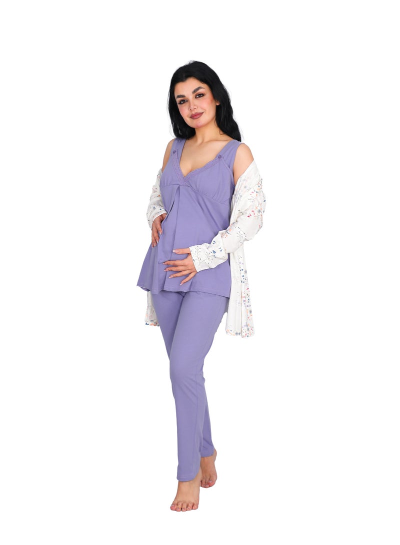 Dadoush Women's Maternity Pajamas 2 Pieces with Robe Mauve White Floral Polyester Cotton Maternity Breastfeeding - Image 1
