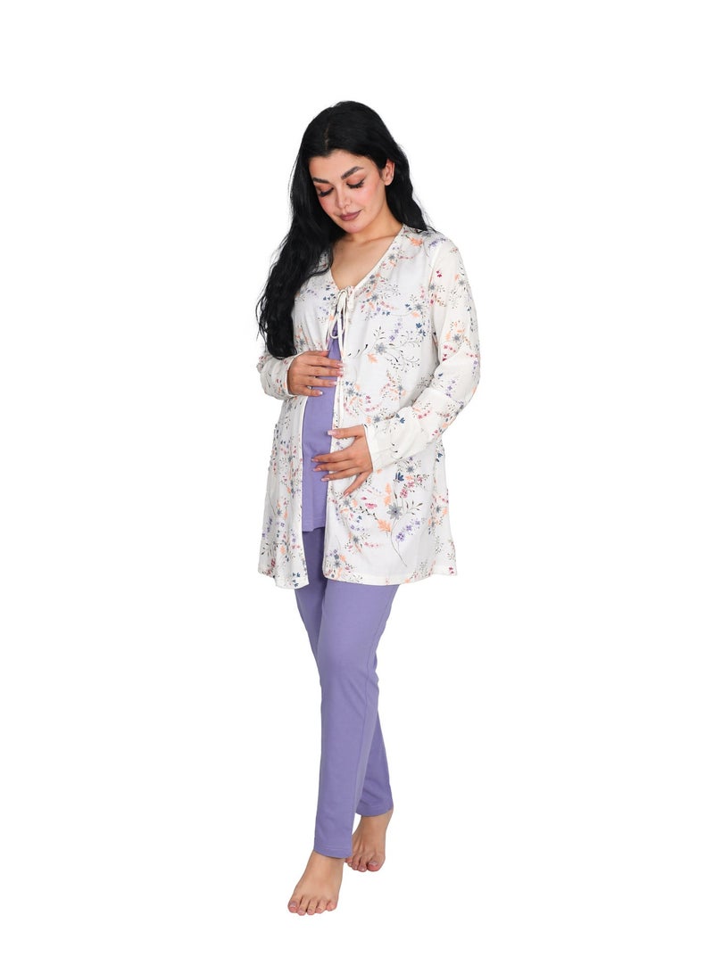 Dadoush Women's Maternity Pajamas 2 Pieces with Robe Mauve White Floral Polyester Cotton Maternity Breastfeeding - Image 4
