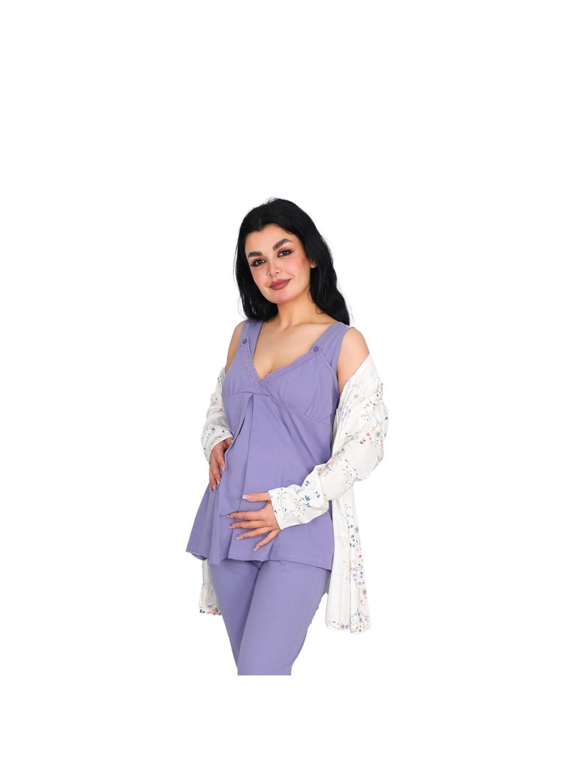Dadoush Women's Maternity Pajamas 2 Pieces with Robe Mauve White Floral Polyester Cotton Maternity Breastfeeding - Image 5