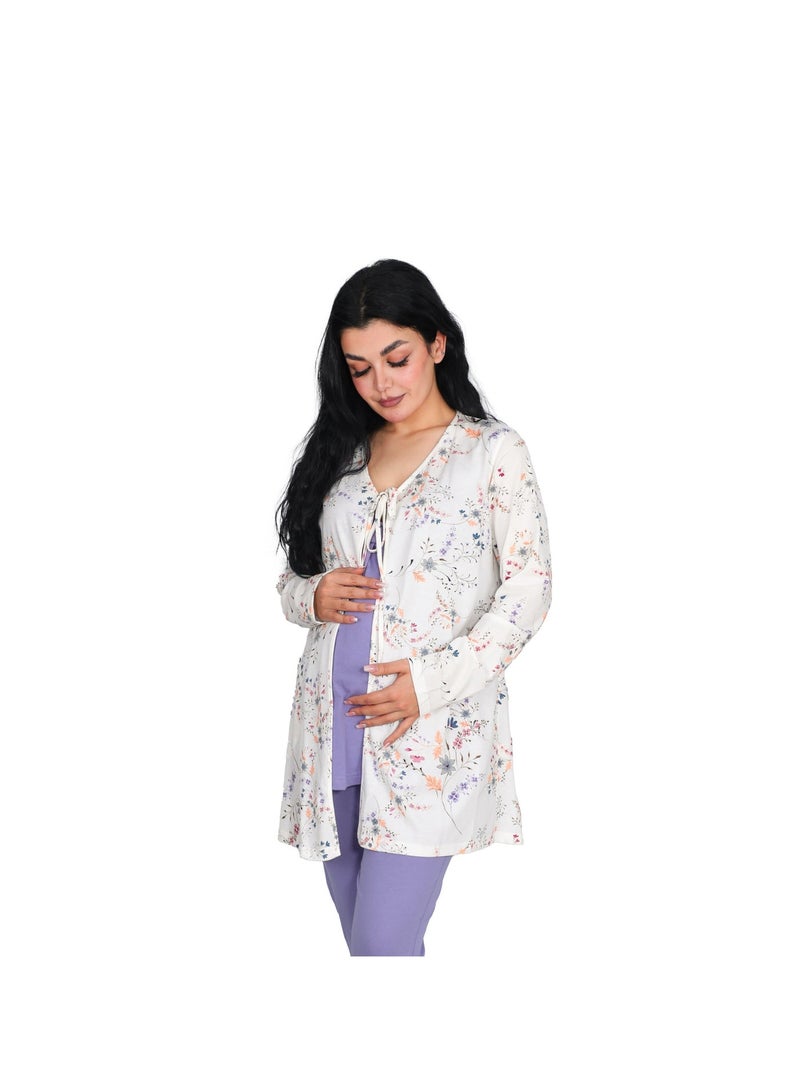 Dadoush Women's Maternity Pajamas 2 Pieces with Robe Mauve White Floral Polyester Cotton Maternity Breastfeeding - Image 2