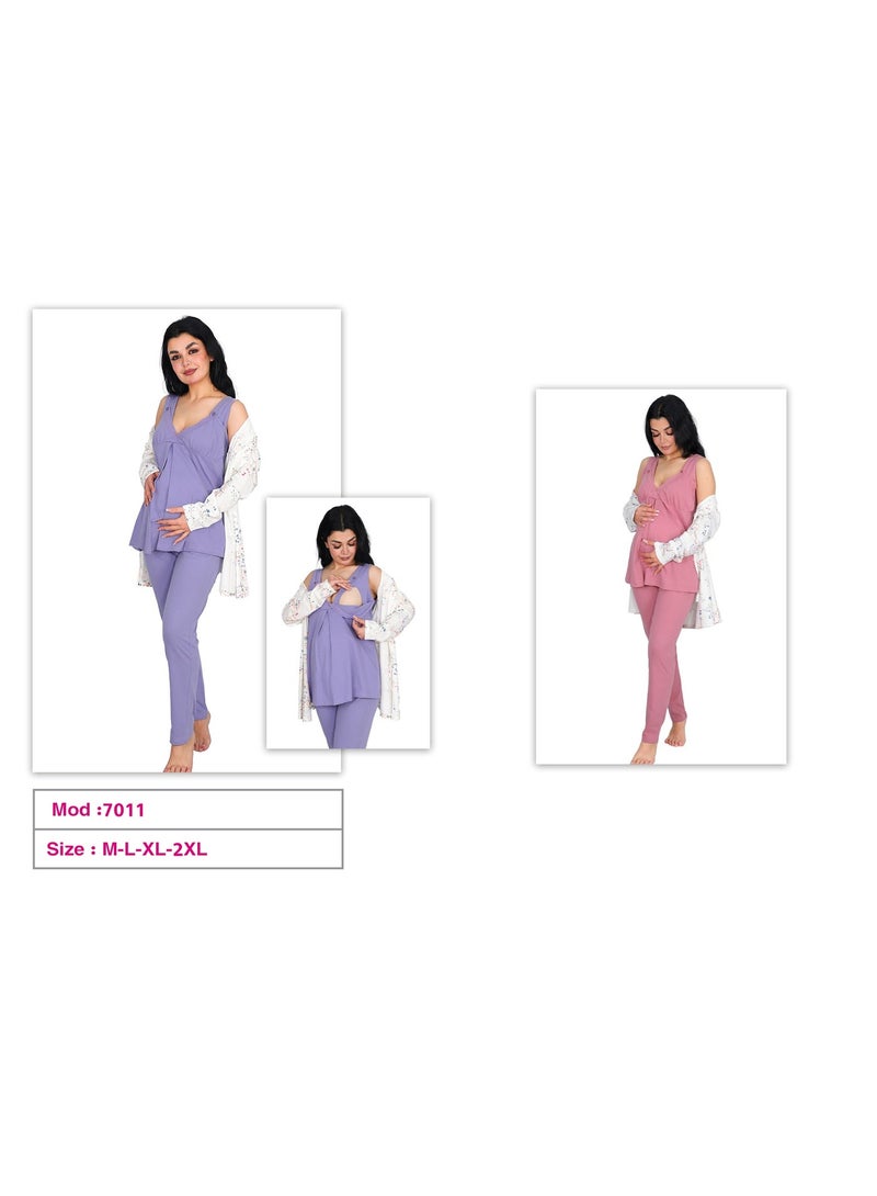 Dadoush Women's Maternity Pajamas 2 Pieces with Robe Mauve White Floral Polyester Cotton Maternity Breastfeeding - Image 3