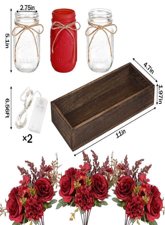 BLEUM CADE Centerpiece Table Decorations - Mason Jar Lights Centerpiece for Kitchen Dining Table Farmhouse Coffee Table Wedding Home Decor with 3 Jars Artificial Flowers & Wood Tray - Image 4