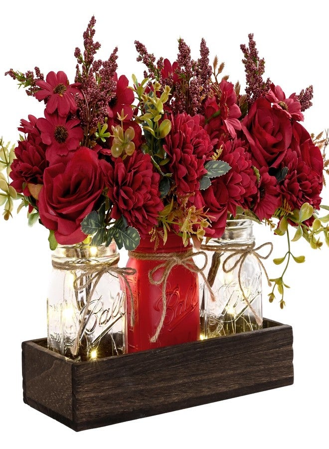 BLEUM CADE Centerpiece Table Decorations - Mason Jar Lights Centerpiece for Kitchen Dining Table Farmhouse Coffee Table Wedding Home Decor with 3 Jars Artificial Flowers & Wood Tray - Image 1