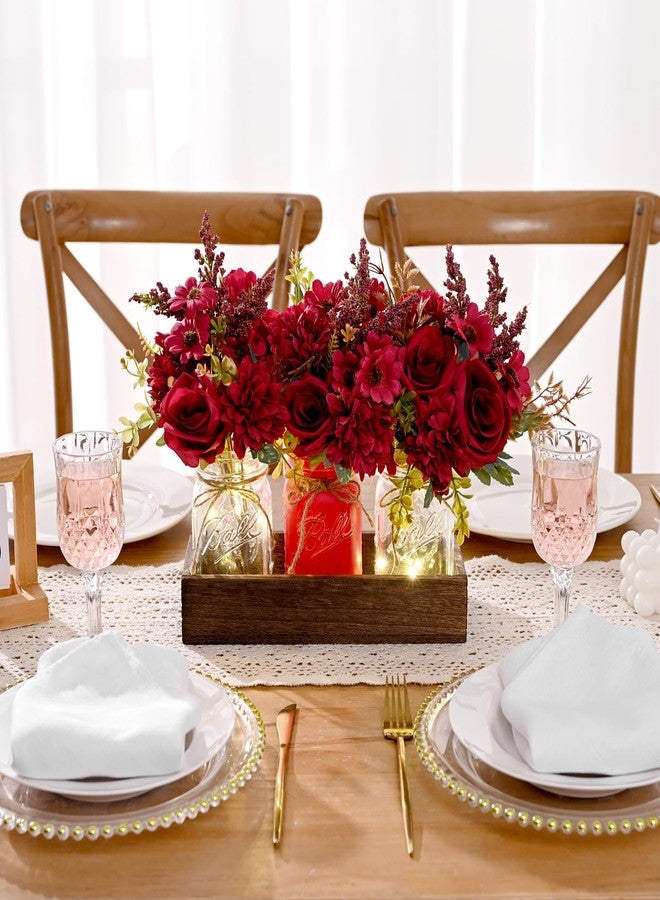 BLEUM CADE Centerpiece Table Decorations - Mason Jar Lights Centerpiece for Kitchen Dining Table Farmhouse Coffee Table Wedding Home Decor with 3 Jars Artificial Flowers & Wood Tray - Image 2