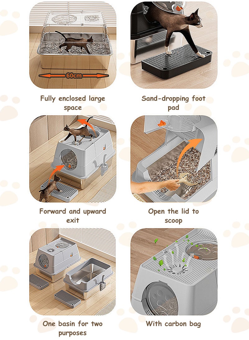 كيدل صندوق قمامة الحيوانات الأليفة المبتكر المغلق بالكامل بسعة كبيرة وصندوق مرحاض القطط وغرفة قمامة الحيوانات الأليفة وصينية من الفولاذ المقاوم للصدأ وغطاء ABS مضاد للفيضان قابل للإزالة 60*40*39 سم - Image 2