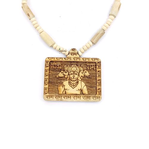 BRIJ HAAT Wooden Handmade Carving panch mukhi Hanuman ji Locket/pendant with Tulsi Kanthi Mala - Image 1