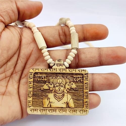 BRIJ HAAT Wooden Handmade Carving panch mukhi Hanuman ji Locket/pendant with Tulsi Kanthi Mala - Image 2