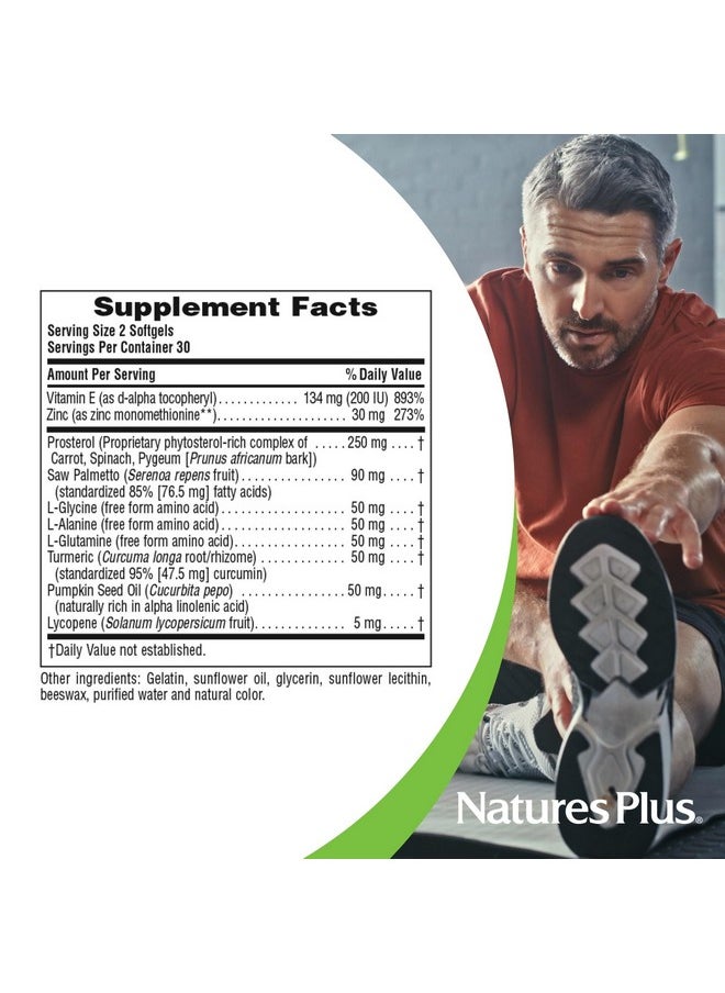 ناتشرز بلاس - Natures Plus Herbal Actives ProstActin - 200 iu Vitamin E، 60 كبسولة هلامية - دعم غدة البروستاتا الصحية، مع زيت نخيل المنشار والخوخ وبذور اليقطين - خالٍ من الجلوتين - 30 وجبة - Image 1