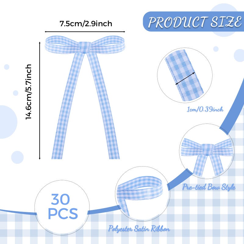 NatNarr 30 Pack Bow Cake Toppers Blue Gingham Ribbons Bows for Cake Bow Cupcake Toppers Blue Gingham Bow Birthday Decorations for Baby Shower Birthday Wedding Party Supplies - Image 2