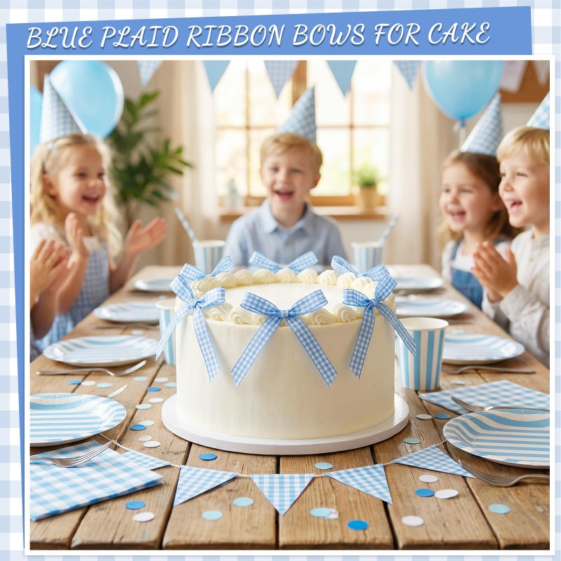 NatNarr 30 Pack Bow Cake Toppers Blue Gingham Ribbons Bows for Cake Bow Cupcake Toppers Blue Gingham Bow Birthday Decorations for Baby Shower Birthday Wedding Party Supplies - Image 4