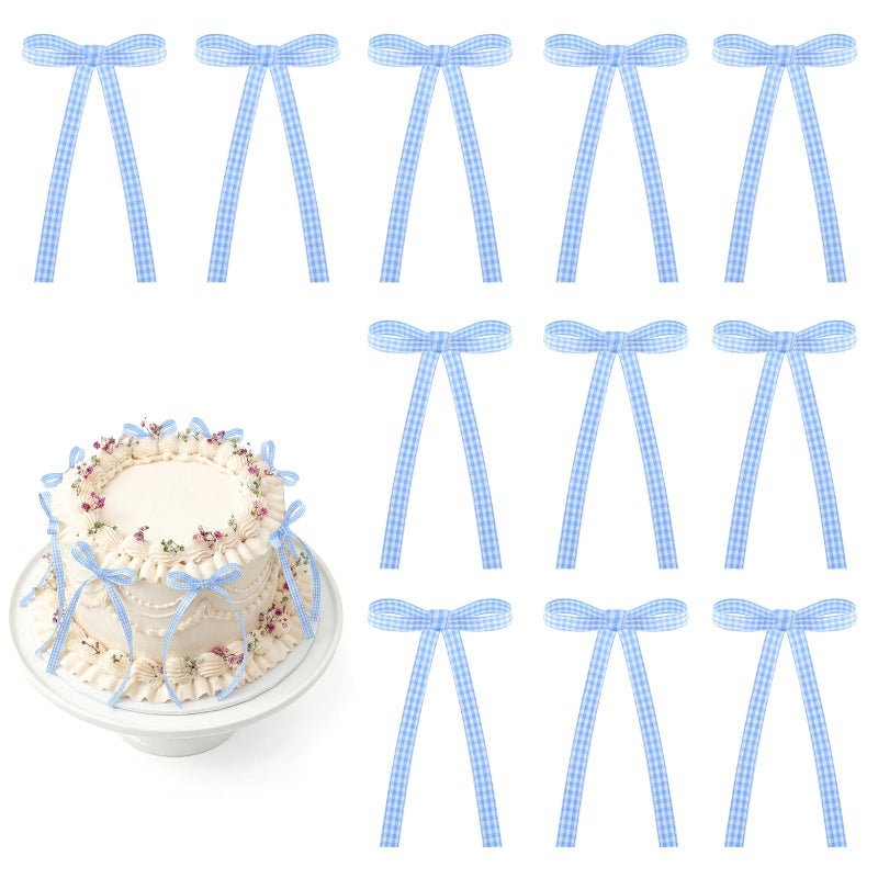 NatNarr 30 Pack Bow Cake Toppers Blue Gingham Ribbons Bows for Cake Bow Cupcake Toppers Blue Gingham Bow Birthday Decorations for Baby Shower Birthday Wedding Party Supplies - Image 1
