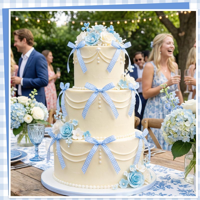 NatNarr 30 Pack Bow Cake Toppers Blue Gingham Ribbons Bows for Cake Bow Cupcake Toppers Blue Gingham Bow Birthday Decorations for Baby Shower Birthday Wedding Party Supplies - Image 5