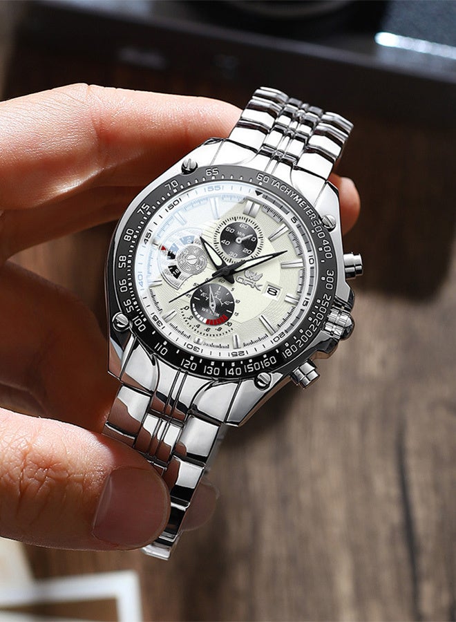Men's Chronograph Quartz Watch, Stainless Steel Band, Waterproof Tachymeter Wristwatch with Date, Luminous Analog Sports Watch for Men - Image 4
