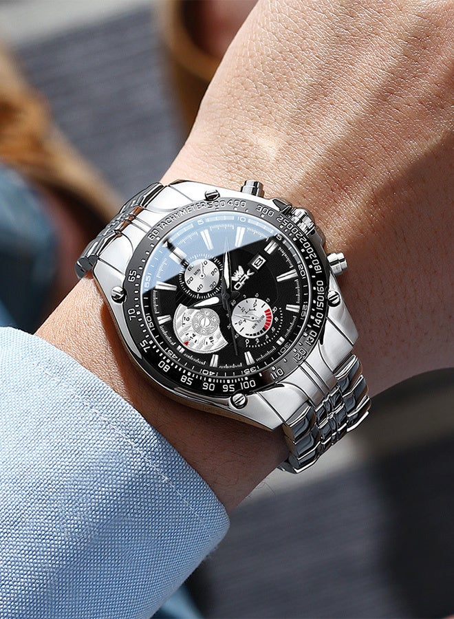 Men's Chronograph Quartz Watch, Stainless Steel Band, Waterproof Tachymeter Wristwatch with Date, Luminous Analog Sports Watch for Men - Image 5