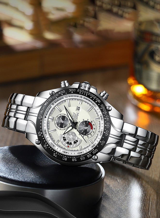Men's Chronograph Quartz Watch, Stainless Steel Band, Waterproof Tachymeter Wristwatch with Date, Luminous Analog Sports Watch for Men - Image 3