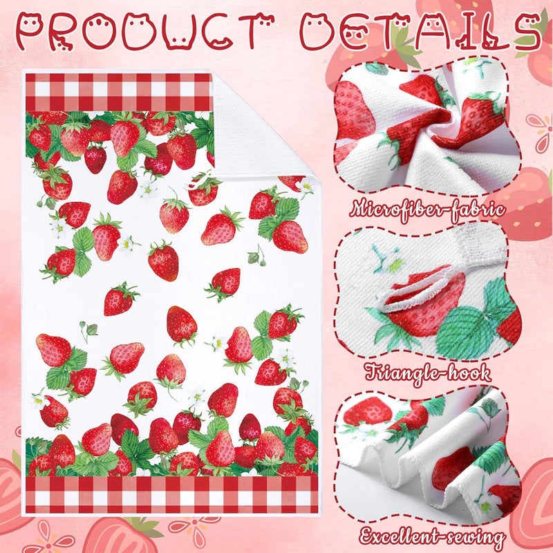 Bencailor 4 Pcs Strawberry Kitchen Towels Summer Berry Hand Dish Towels Absorbent White Red Grid Tea Towel Fast Drying Housewarming Gift for Kitchen Bathroom Holiday Summer Strawberry Party Decor - Image 5