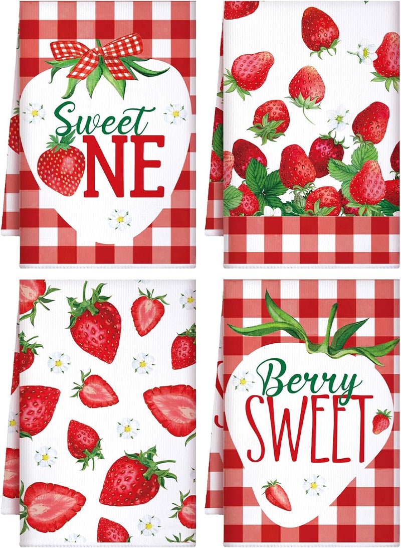 Bencailor 4 Pcs Strawberry Kitchen Towels Summer Berry Hand Dish Towels Absorbent White Red Grid Tea Towel Fast Drying Housewarming Gift for Kitchen Bathroom Holiday Summer Strawberry Party Decor - Image 1