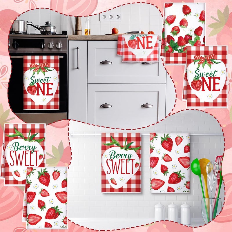 Bencailor 4 Pcs Strawberry Kitchen Towels Summer Berry Hand Dish Towels Absorbent White Red Grid Tea Towel Fast Drying Housewarming Gift for Kitchen Bathroom Holiday Summer Strawberry Party Decor - Image 4