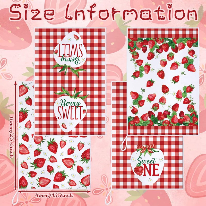 Bencailor 4 Pcs Strawberry Kitchen Towels Summer Berry Hand Dish Towels Absorbent White Red Grid Tea Towel Fast Drying Housewarming Gift for Kitchen Bathroom Holiday Summer Strawberry Party Decor - Image 3