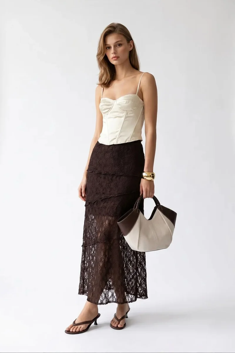 ميكسراي MIXRAY High Waist Lace Midi Skirt