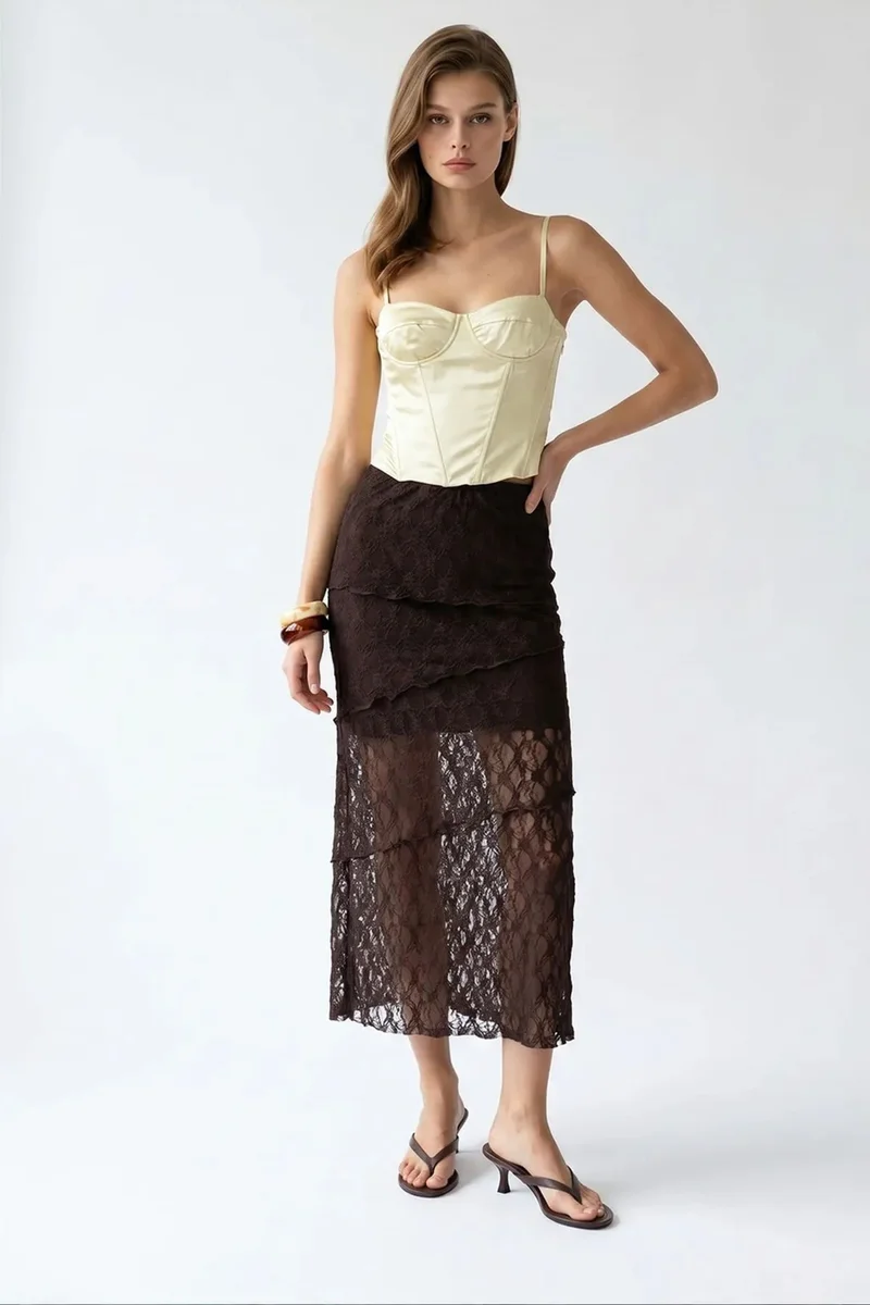 ميكسراي MIXRAY High Waist Lace Midi Skirt
