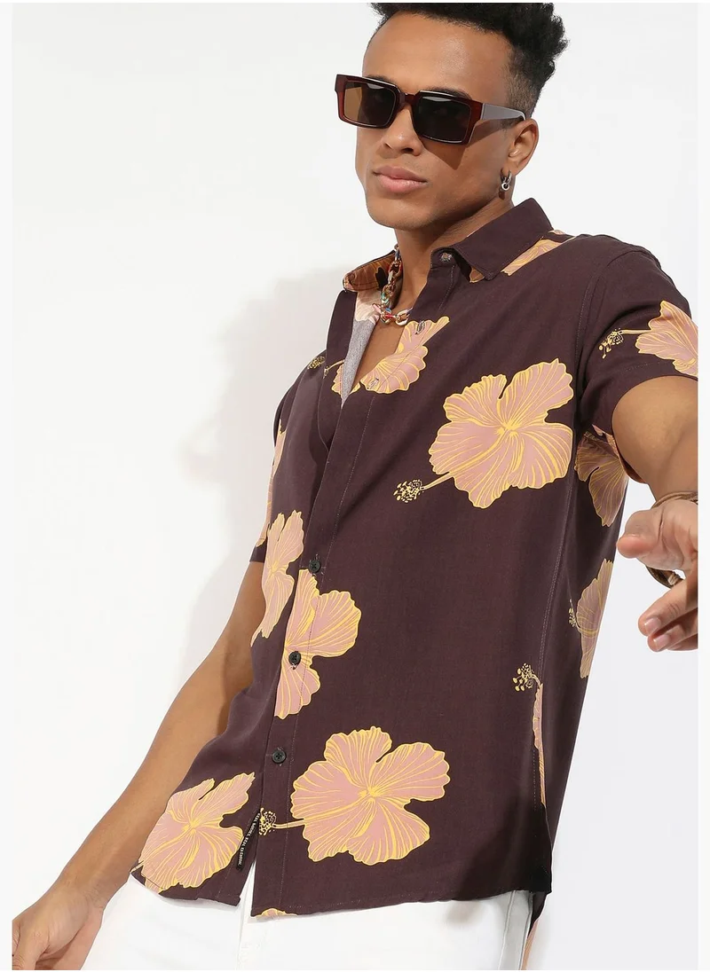 Campus Sutra Printed Spread Collar Short Sleeve Shirt