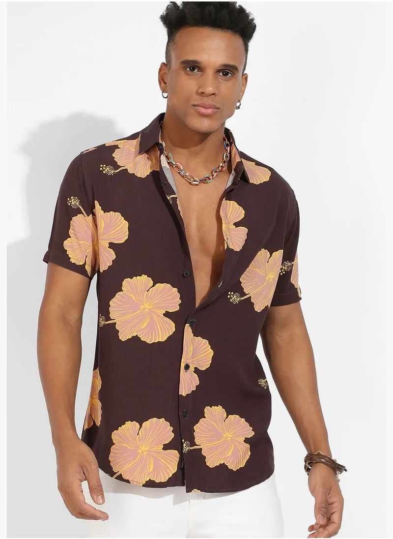 Campus Sutra Printed Spread Collar Short Sleeve Shirt