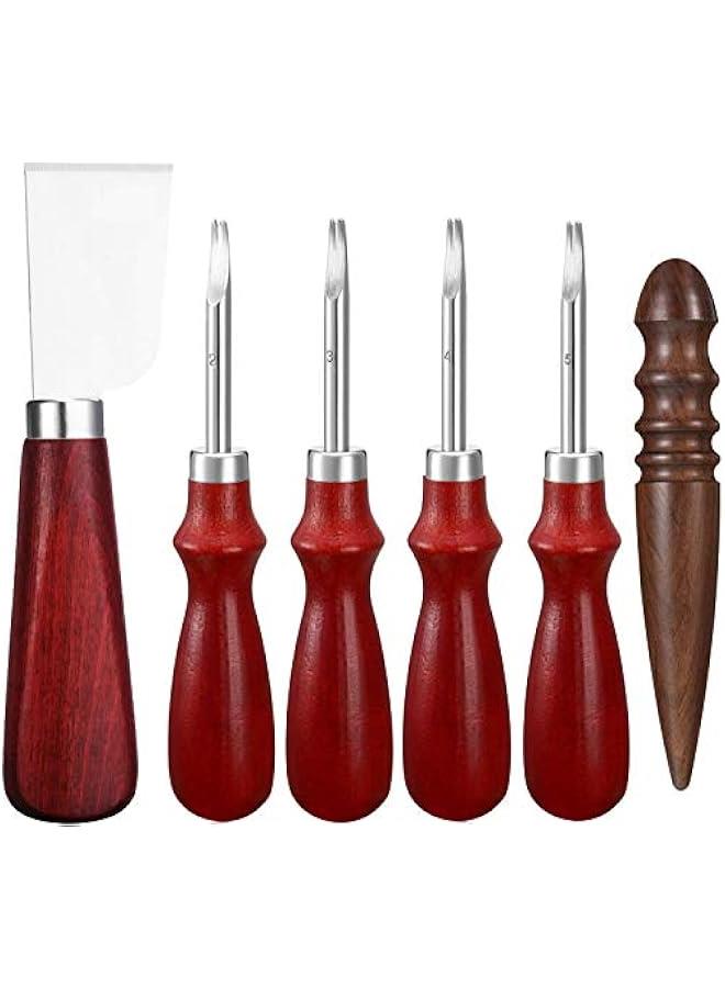 Six Piece Leather Craft Tool Set Includes Edge Bevelers Cutting Knife Skiving Knife and Sandalwood Burnishers in Sizes One Point Five Millimeter One Point Two Millimeter One Millimeter and Zero Point Eight Millimeter - Image 1