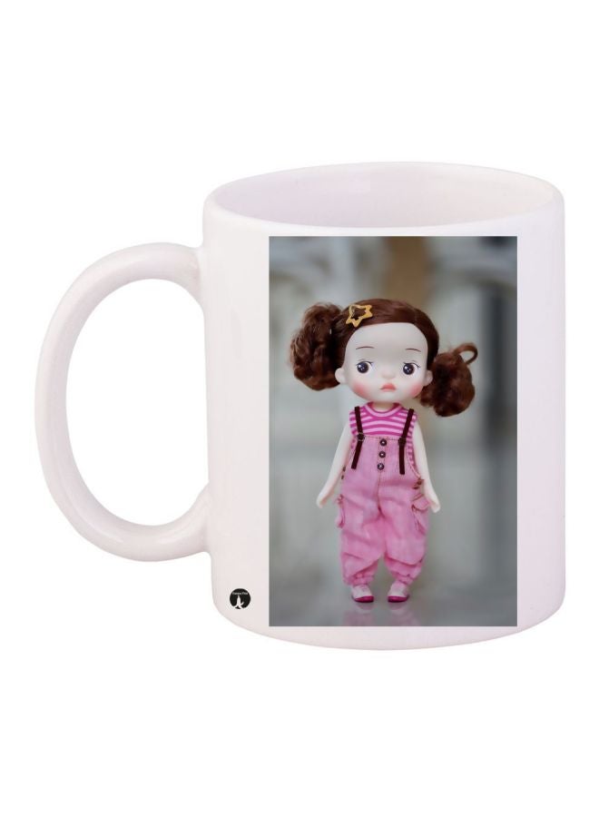 Doll Printed Coffee Mug White/Brown/Pink 11ounce