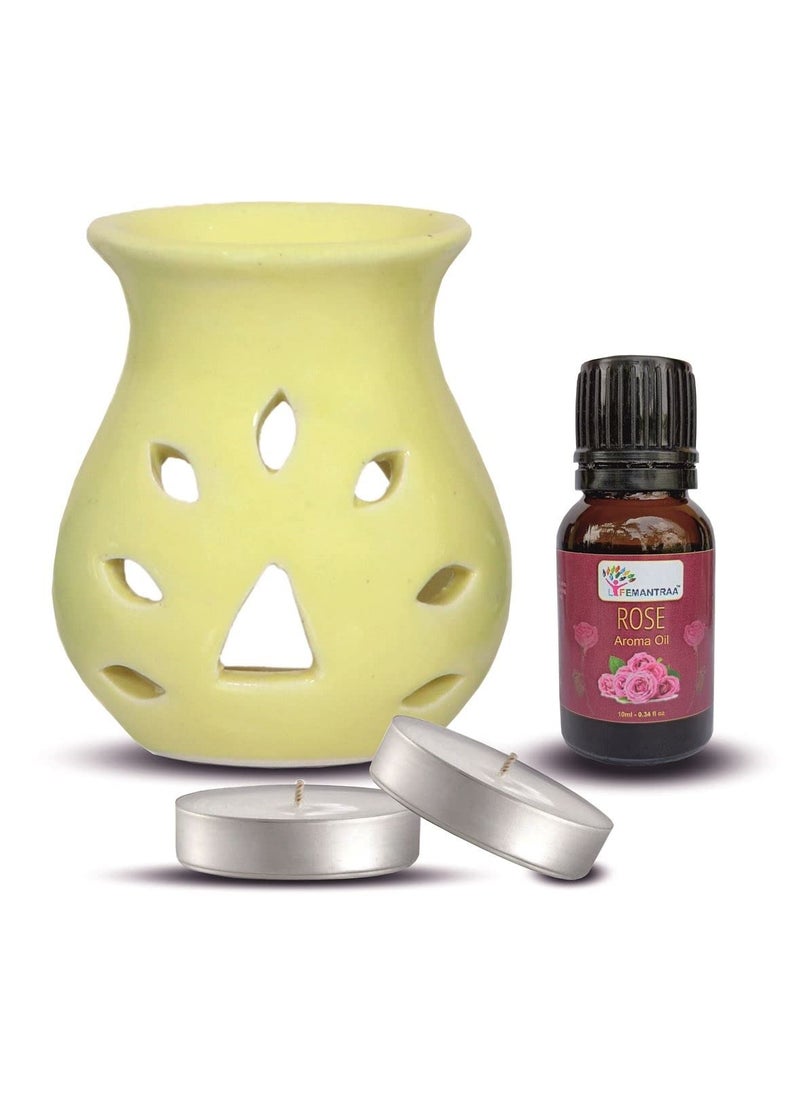 Lifemantraa Lifemantraa Ceramic Aroma Diffuser for Home Fragrance Burner with Rose Aroma Oil 10ml and Two Tea Light Candle for Room Freshener Yellow 9CM  - Image 1