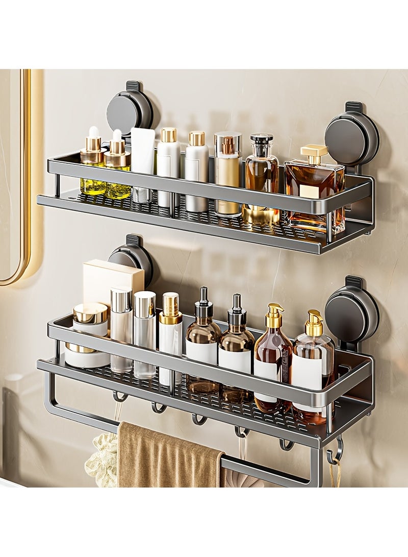 رف تخزين حائطي للحمام موفر للمساحة، تصميم بدون حفر، مكون من طبقتين مع قضيب منشفة وخطافات، مثالي لمنظم الشامبو ومنتجات العناية بالبشرة وإكسسوارات الحمام ورفوف الديكور والإكسسوارات، 60 سم أسود - Image 2