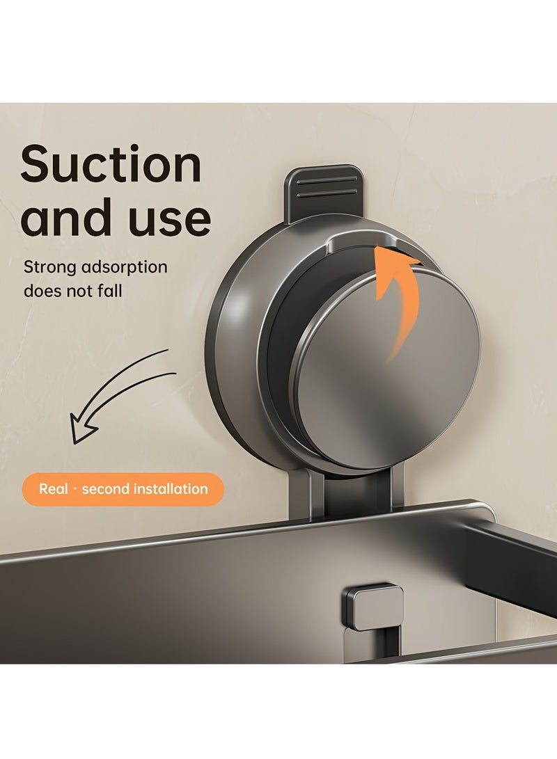 رف تخزين حائطي للحمام موفر للمساحة، تصميم بدون حفر، مكون من طبقتين مع قضيب منشفة وخطافات، مثالي لمنظم الشامبو ومنتجات العناية بالبشرة وإكسسوارات الحمام ورفوف الديكور والإكسسوارات، 60 سم أسود - Image 4