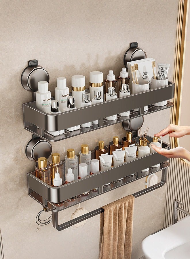 رف تخزين حائطي للحمام موفر للمساحة، تصميم بدون حفر، مكون من طبقتين مع قضيب منشفة وخطافات، مثالي لمنظم الشامبو ومنتجات العناية بالبشرة وإكسسوارات الحمام ورفوف الديكور والإكسسوارات، 60 سم أسود - Image 1